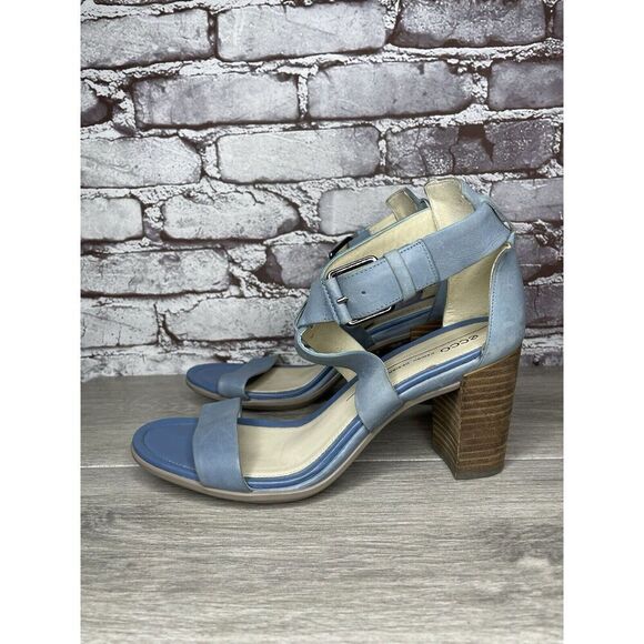 ECCO DANISH DESIGN Blue Leather Ankle Strappy Stacked Heel Sandals Women Sz 40EU - Picture 8 of 16